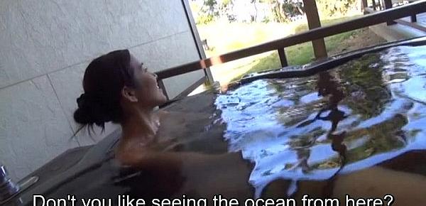  Subtitled Japanese mature Tae bathes in outdoor onsen